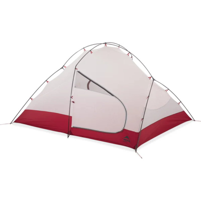 La Carpa MSR Access 2 (copia) es una carpa tipo domo liviana e independiente confeccionada con tela roja y blanca. Cuenta con una puerta parcialmente abierta que muestra paneles de malla en el interior para ventilación e incluye postes externos para una fácil instalación.