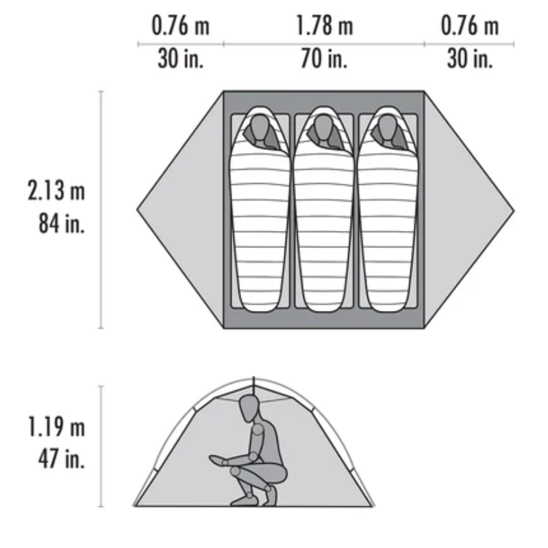 Diagrama de la tienda de campaña Carpa MSR Access 2 (copia) y los sacos de dormir. En esta tienda de campaña caben tres sacos de dormir uno al lado del otro, de 1,78 m (70 in) de ancho y 1,19 m (47 in) de alto, con una ilustración de una persona sentada en el interior.