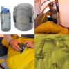 Un collage de camping muestra una botella de agua azul, un saco de dormir empaquetado y alguien inflando una colchoneta para dormir en la tienda de campaña. Unas manos utilizan hábilmente la bomba junto al Saco de Dormir Pluma Therm-a-Rest Questar 0F/-18C (copia) con sus correas amarillas seguras.