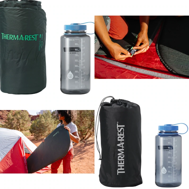 Collage de una Colchoneta Therm-a-Rest Trail Scout y un Saco de Dormir Pluma Therm-a-Rest Parsec 0F/-18C que alguien desempaqueta, infla y coloca en una carpa al aire libre. Dos imágenes también muestran una botella de agua transparente con marcas de medición y una tapa azul.