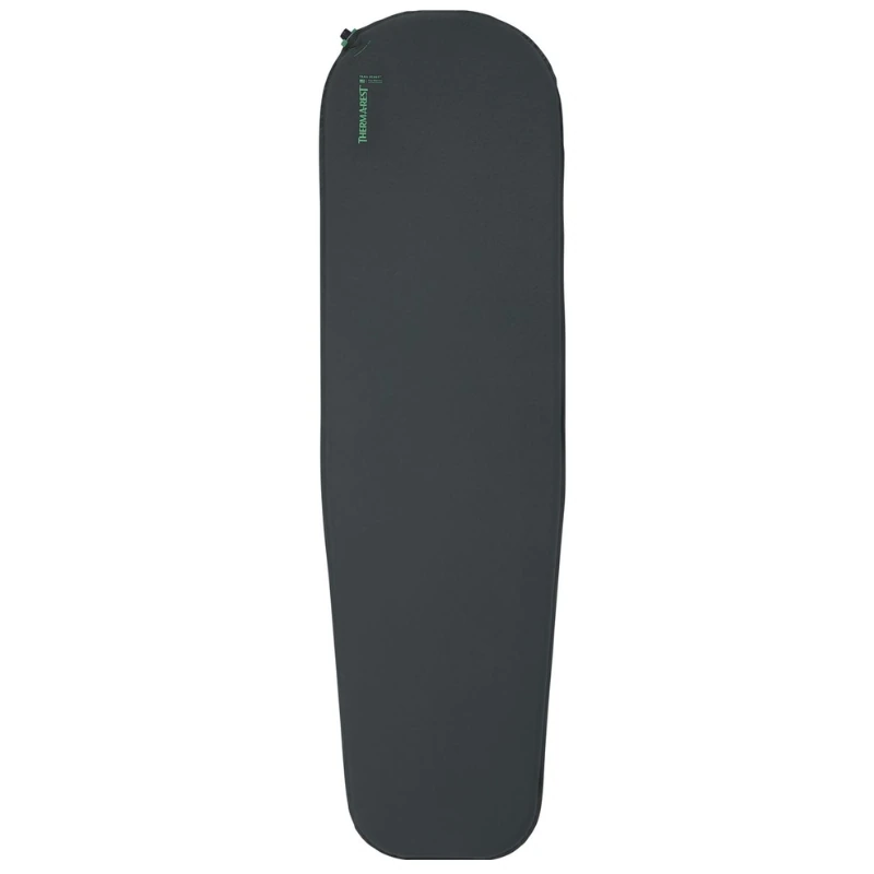 La colchoneta Therm-a-Rest Trail Scout de color gris oscuro complementa el saco de dormir Pluma Therm-a-Rest Parsec 0F/-18C. Su diseño cónico y sus extremos redondeados ofrecen una forma compacta y estilizada, perfecta para acampar al aire libre o para aventuras con mochila.