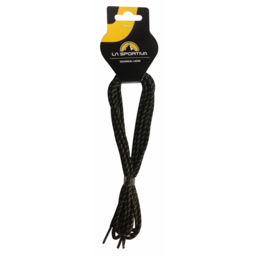 Un paquete de cordones para correr en montaña de La Sportiva en un soporte de cartón. Los cordones negros, perfectos para el equipamiento de correr en montaña, presentan motas amarillas con el logotipo de La Sportiva en la parte superior.