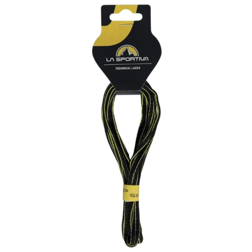 Un paquete de cordones Outdoor La Sportiva Mountain Running en color negro con detalles en amarillo, enrollados y unidos a una etiqueta de marca que muestra el logotipo de La Sportiva, perfectos para aventuras en la montaña o caminatas de Aequilibrium.