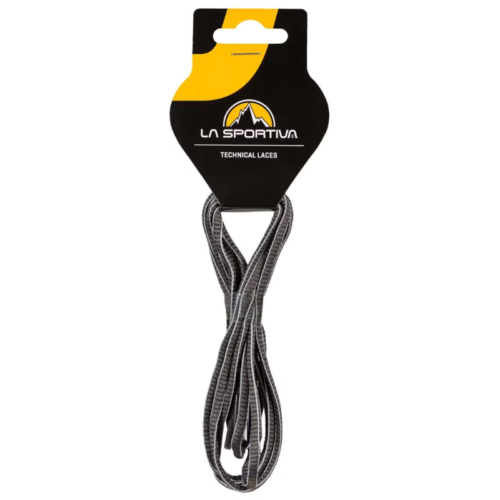 Un paquete gris cuidadosamente enrollado de cordones técnicos Cordones Outdoor La Sportiva Mountain Running se encuentra debajo de una etiqueta negra y amarilla con el logotipo de La Sportiva, perfecto para tu próxima aventura en la montaña.