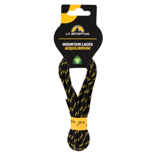 Los cordones Outdoor La Sportiva Mountain Nepal (copia) vienen en un paquete que enfatiza la marca y el nombre del producto. Estos cordones negros con detalles amarillos capturan la esencia de la belleza montañosa de Nepal y encarnan el espíritu al aire libre.