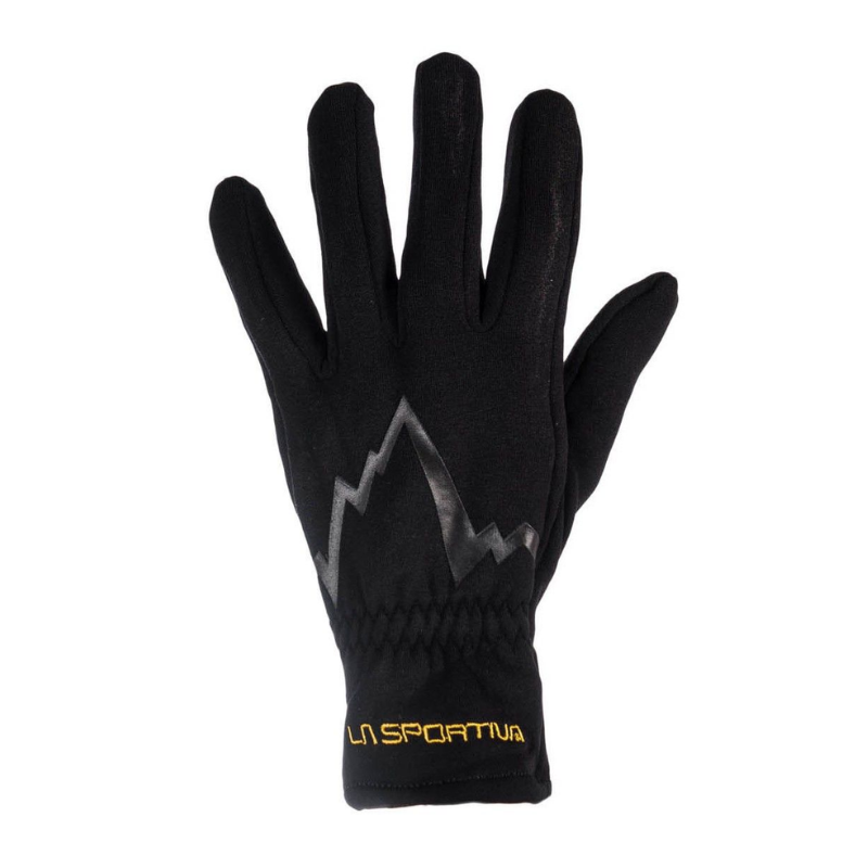 Un guante negro con un diseño de montaña en la parte posterior y "La Sportiva" en amarillo en el puño captura el espíritu de Guantes La Sportiva Trail Gloves Mujer (copia), con la palma hacia abajo y los dedos elegantemente extendidos hacia arriba.