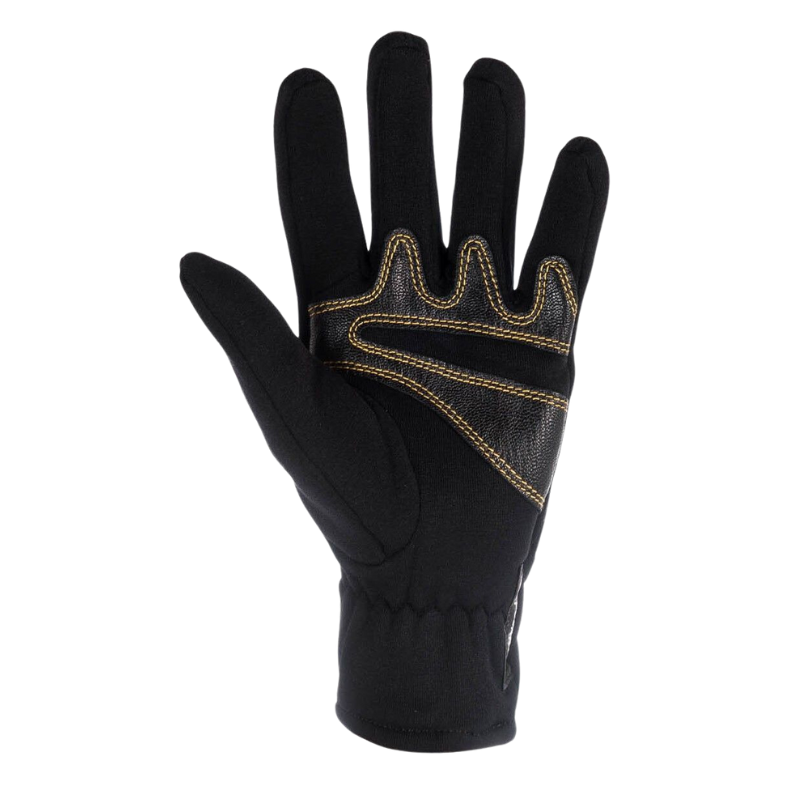 Los guantes La Sportiva Trail Gloves Mujer (copia) cuentan con tela negra con costuras amarillas, palmas y dedos reforzados para un mejor agarre y durabilidad. Diseñados para mujeres, ofrecen un ajuste ceñido con puños elásticos sobre un fondo blanco.