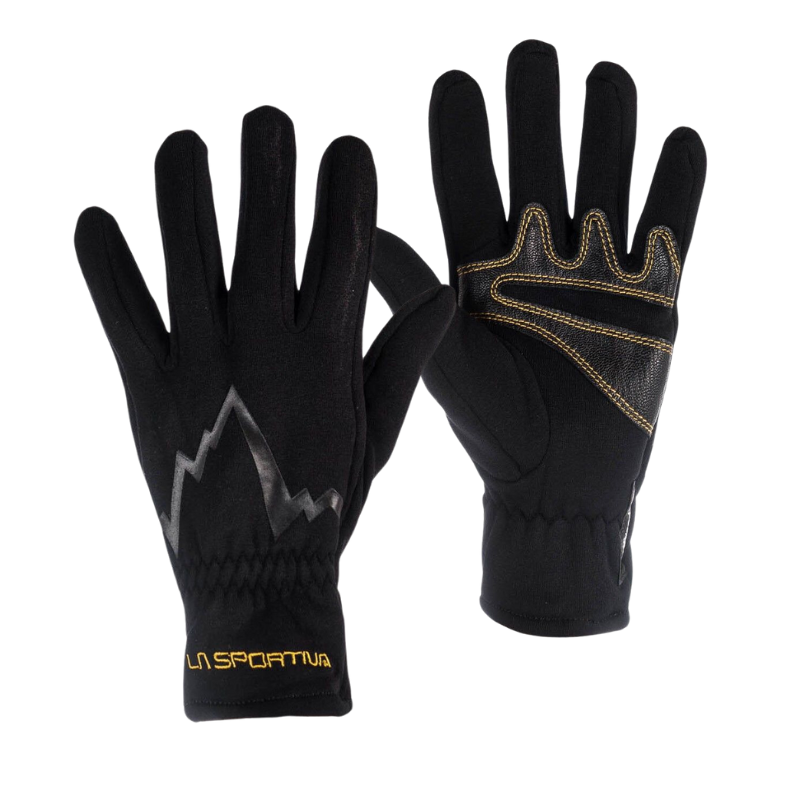 Un par de Guantes La Sportiva Trail Gloves Mujer negros cuenta con un guante con costuras amarillas en la palma y patrones de agarre, y el otro muestra un logotipo de diseño de montaña en la parte posterior.