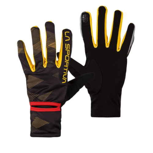 Los guantes deportivos La Sportiva en negro y amarillo cuentan con un guante con detalles en rojo y rayas diagonales y una palma negra lisa en el otro. Ideales para combinar con la polaina para correr de invierno La Sportiva de Polainas (copia) para una protección completa al aire libre.