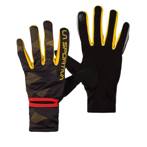 Los guantes deportivos La Sportiva en negro y amarillo cuentan con un guante con detalles en rojo y rayas diagonales y una palma negra lisa en el otro. Ideales para combinar con la polaina para correr de invierno La Sportiva de Polainas (copia) para una protección completa al aire libre.