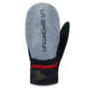 Manoplas La Sportiva en gris y negro para actividades al aire libre, con detalles en rojo y amarillo. El logotipo "La Sportiva" está impreso verticalmente en la parte superior, lo que complementa perfectamente tu polaina para correr de invierno La Sportiva de Polainas para disfrutar de la mejor experiencia de carrera en invierno.