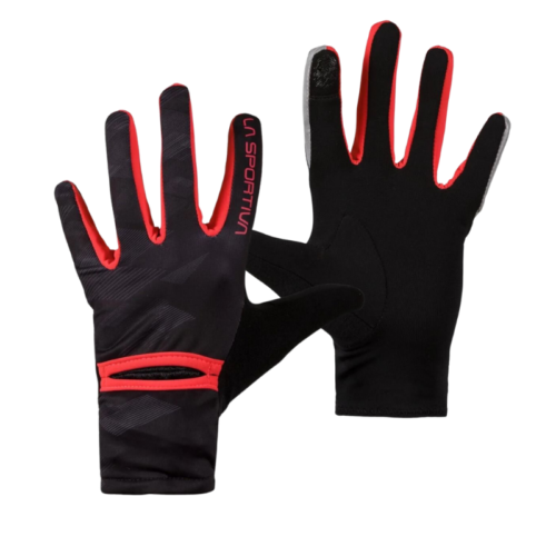 Un par de guantes La Sportiva Trail para mujer que presentan una superficie texturizada con detalles rojos en los dedos y un diseño estampado en la parte posterior, mostrando estilo y funcionalidad con un guante con la palma hacia arriba y otro con la palma hacia abajo.
