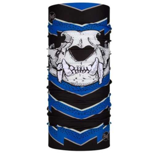 La bandana Buff Original EcoStretch Licencias Valparaíso 2020 (copia) presenta una audaz cara de bulldog con dientes expuestos, sobre patrones dinámicos en zigzag en azul y negro para un contraste llamativo, confeccionada con material Original EcoStretch de Buff.