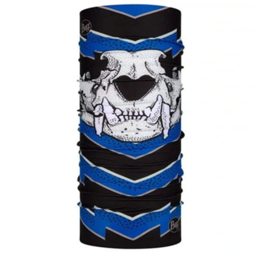 La bandana Buff Original EcoStretch Licencias Valparaíso 2020 (copia) presenta una audaz cara de bulldog con dientes expuestos, sobre patrones dinámicos en zigzag en azul y negro para un contraste llamativo, confeccionada con material Original EcoStretch de Buff.