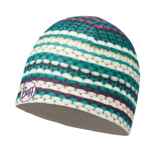 El Gorro Tejido Buff Knitted Hat Adalwolf (copia) presenta rayas horizontales en verde azulado, blanco, morado y rosa con un pequeño logotipo "Buff" cosido en el costado.