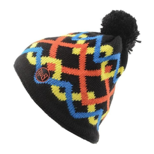 El gorro Buff Niños Microfibra y Polar Terrifying Multi es un gorro de invierno negro para niños con un patrón geométrico vibrante en naranja, azul y amarillo. Cuenta con un pompón negro y un pequeño parche con el logotipo con texto en rojo y blanco, que combina microfibra y materiales polares para brindar calidez.
