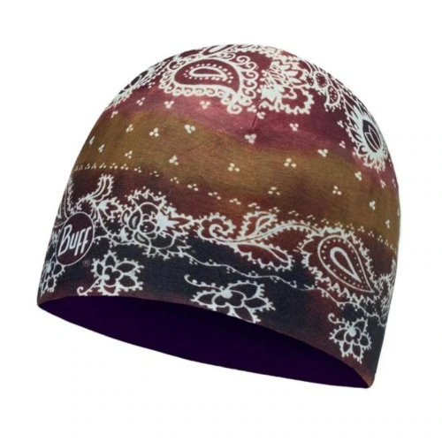 El gorro Buff Microfibra Reversible Delhi Tobacco presenta un patrón paisley en tonos marrón, rojo y negro con motivos florales blancos y una discreta etiqueta con el logotipo en el lateral.