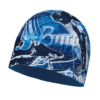 Gorro azul y blanco elaborado para niños con Microfibra y Polar, presenta diseños abstractos con un "Buff" parcialmente visible entre formas dinámicas, creando movimiento en este cautivador Gorro Buff Niños de la colección Terrifying Multi.
