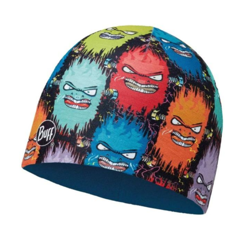 El gorro Buff Microfibra Reversible Solid Chic Cru presenta un patrón vibrante de caras de monstruos enojados y caricaturescos en varios colores, y presenta el logotipo de Buff en el costado.