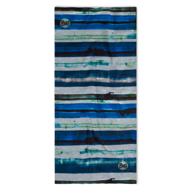La bandana Buff Original EcoStretch Riverhawkmulti (copia) presenta un diseño rectangular con rayas horizontales en azul, verde y negro y tiene dos logotipos "Buff" redondos en la parte superior izquierda e inferior derecha, perfectos para los fanáticos del estilo Riverhawkmulti.