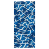 La bandana Buff Original EcoStretch Saltire presenta un patrón abstracto vibrante de formas geométricas azules y blancas entrelazadas, que crean un efecto visual dinámico y texturizado.