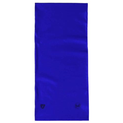 La Bandana Buff ThermoNet Shallyu Multi es una polaina de cuello rectangular de color azul con dos pequeños logotipos negros en la parte inferior, confeccionada con tejido ThermoNet para una calidez excepcional.