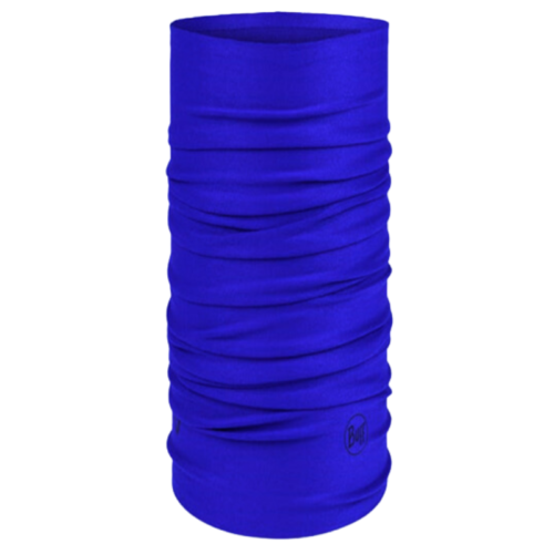La bandana Buff ThermoNet Shallyu Multi (copia), en azul brillante con textura fruncida, se mantiene en posición vertical. Su tejido elástico y suave es perfecto para usarla como bandana, bufanda, cinta para la cabeza o mascarilla y presenta un pequeño logotipo cerca del borde inferior.