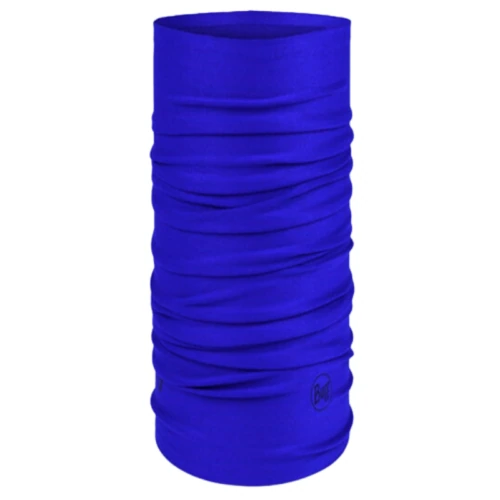La bandana Buff ThermoNet Shallyu Multi (copia), en azul brillante con textura fruncida, se mantiene en posición vertical. Su tejido elástico y suave es perfecto para usarla como bandana, bufanda, cinta para la cabeza o mascarilla y presenta un pequeño logotipo cerca del borde inferior.