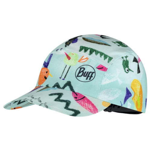 La gorra Jockey Buff Pack Cycle Glen Multi presenta un diseño abstracto y animado de pájaros y formas geométricas sobre un fondo azul claro, ideal para los fanáticos del ciclismo. Un logotipo "Buff" prominente se encuentra en el panel frontal, lo que realza su encanto auténtico.