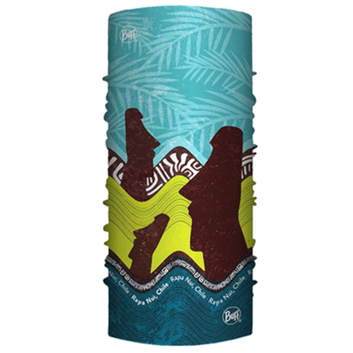 Un pañuelo cilíndrico vibrante que presenta siluetas de estatuas Moai sobre patrones abstractos en turquesa, verde y marrón con "Rapa Nui, Chile" a lo largo del borde, confeccionado con tela Buff Original EcoStretch.
