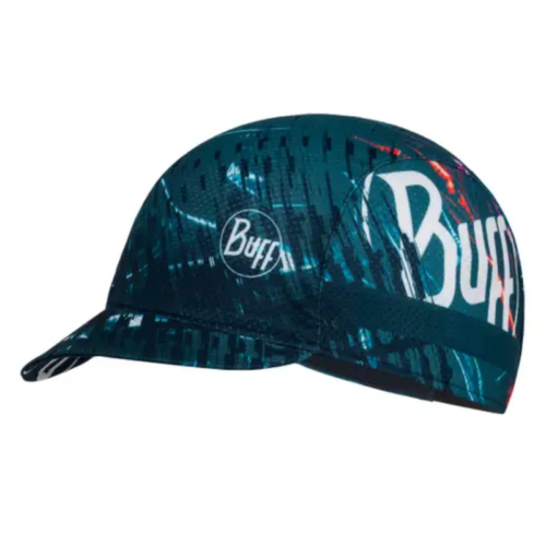 El gorro de ciclismo Buff Niños Microfibra y Polar Terrifying Multi (copia) es de color verde azulado y negro y tiene la palabra "Buff" en letras blancas en negrita en el lateral. Tiene un patrón abstracto con detalles reflectantes y una visera corta y curva para andar con estilo.
