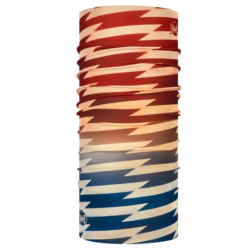 La bandana Buff Original EcoStretch Burst Of Light presenta un patrón en zigzag con degradados en rojo, blanco y azul. Llévala como polaina para el cuello o como vincha para lucir un estilo inspirado en Saltire en tus aventuras al aire libre.