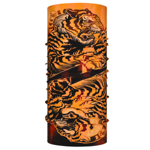 La bandana Buff Original EcoStretch T-Knuckle Blue (copia) presenta un diseño de tigre naranja y negro vibrante con imágenes dinámicas, completo con el icónico logotipo "Buff" para reconocimiento de marca.