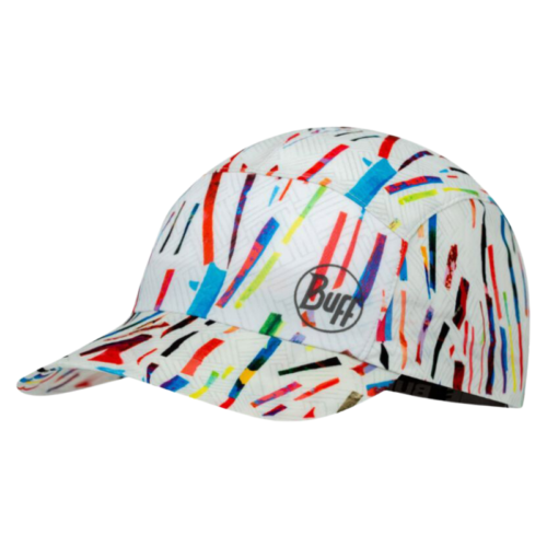 La gorra Jockey Buff Pack Speed Wattr Blue (copia) presenta un patrón geométrico multicolor dinámico sobre un fondo blanco, con "Buff" destacado en el frente, incorporando tonos de rojo, azul, verde y amarillo para una apariencia vivaz y vibrante ideal para los entusiastas de la velocidad.