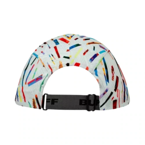 Dale estilo a tu estilo con la gorra Jockey Buff Pack Speed Wattr Blue. Presenta un patrón geométrico vibrante, rayas multicolores, una elegante correa negra con texto parcialmente visible para darle un toque intrigante y una tela acolchada con textura que encarna el espíritu de los diseños Wattr Blue.