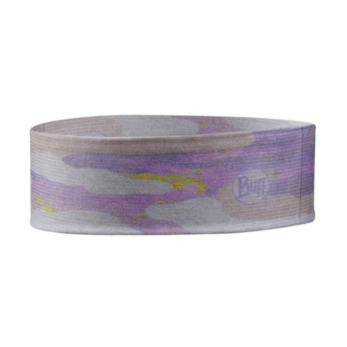 La diadema Cinta Buff CoolNet UV Slim Ahin Azure presenta un diseño elástico y sin costuras para mayor comodidad y muestra un patrón multicolor en violeta, amarillo y gris con el logotipo de Cinta sutilmente en un lado.