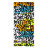 La vibrante bandana Buff Original EcoStretch Burst Of Light presenta patrones de texto estilo graffiti en naranja, azul, amarillo y negro con la palabra "Buff" sobre un fondo blanco para una apariencia dinámica.