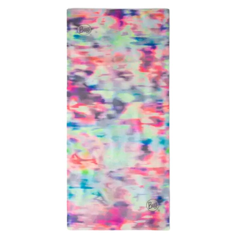 Bandana Buff Original EcoStretch Sket Navy (copia) es una polaina rectangular para el cuello que presenta un patrón abstracto vibrante en rosa, azul, violeta y verde. Está hecha de tela EcoStretch suave con un diseño sin costuras, es perfecta para aventuras al aire libre y está inspirada en el estilo clásico de Bandana Buff.