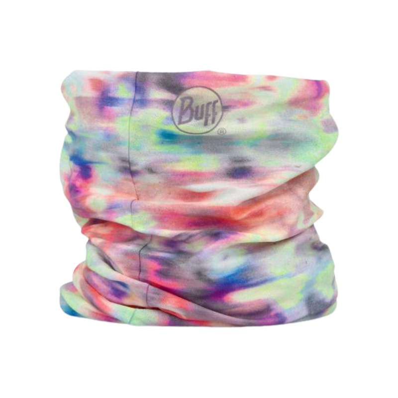 La bandana Buff Original EcoStretch Sket Navy (copia) presenta un diseño teñido anudado con vibrantes tonos rosa, violeta, verde y azul. El logotipo de Buff se muestra de manera destacada en el frente.