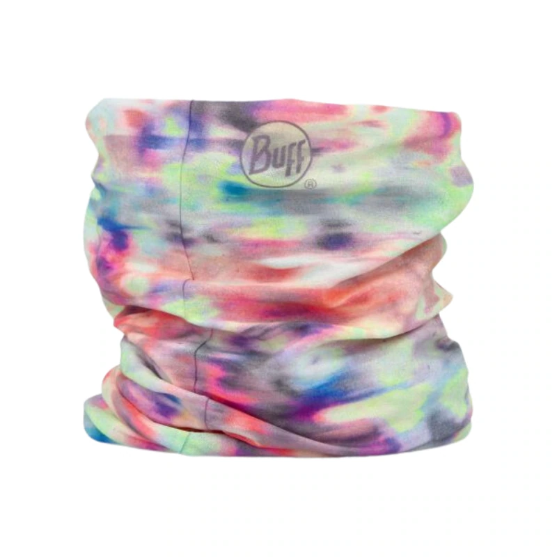 La bandana Buff Original EcoStretch Sket Navy (copia) presenta un diseño teñido anudado con vibrantes tonos rosa, violeta, verde y azul. El logotipo de Buff se muestra de manera destacada en el frente.