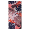 El pañuelo Buff CoolNet UV Kafin Multi presenta un patrón tropical vibrante con hojas rojas, violetas y rosas en un diseño denso que ofrece protección solar intensa.