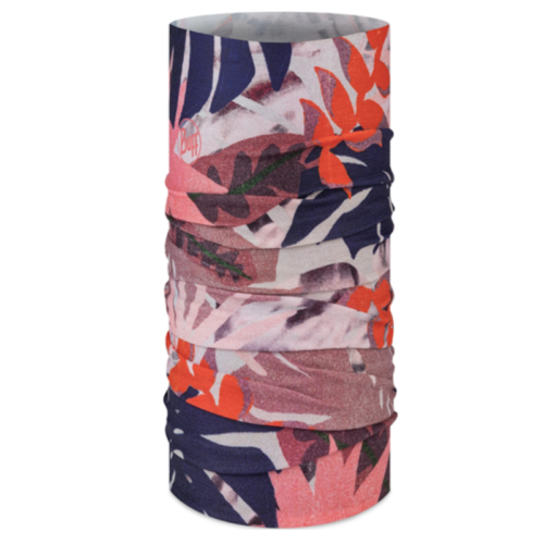 La bandana Buff CoolNet UV Kafin Multi presenta un llamativo estampado floral abstracto en rojo, rosa, morado y negro. Su diseño cilíndrico sin costuras ofrece estilo y funcionalidad.