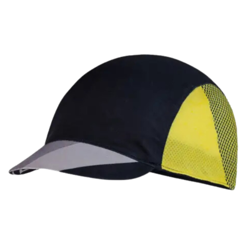 La gorra Jockey Buff Pack Cycle Lenir Night Blue presenta un diseño estilo jockey con un frente negro y un panel lateral de malla amarillo vibrante para ventilación, ideal para tus aventuras.