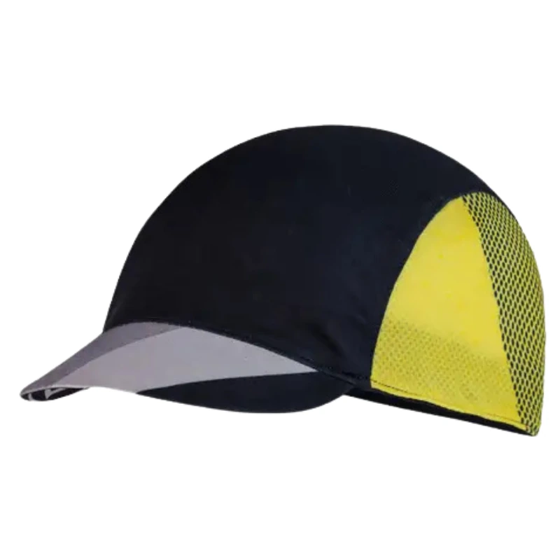 La gorra Jockey Buff Pack Cycle Lenir Night Blue presenta un diseño estilo jockey con un frente negro y un panel lateral de malla amarillo vibrante para ventilación, ideal para tus aventuras.