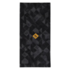 Esta toalla negra rectangular grande presenta un sutil patrón geométrico gris con un pequeño logotipo de diamante amarillo, que recuerda la complejidad del Bandana Buff Original EcoStretch Enhan Brindle Brown.