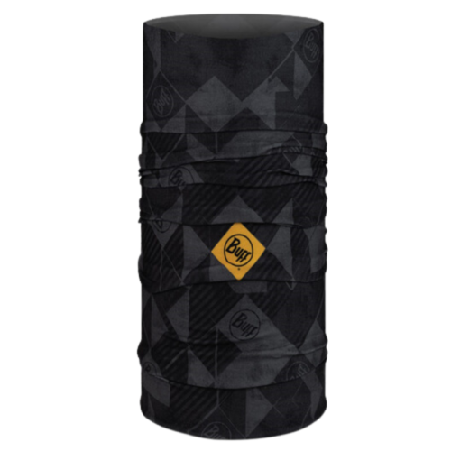 La bandana Buff Original EcoStretch Enhan Brindle Brown es una prenda multifuncional y cilíndrica para el cuello que presenta un patrón geométrico en negro y gris con el logotipo de Buff en amarillo. Está diseñada para actividades al aire libre y está confeccionada con tejido EcoStretch.