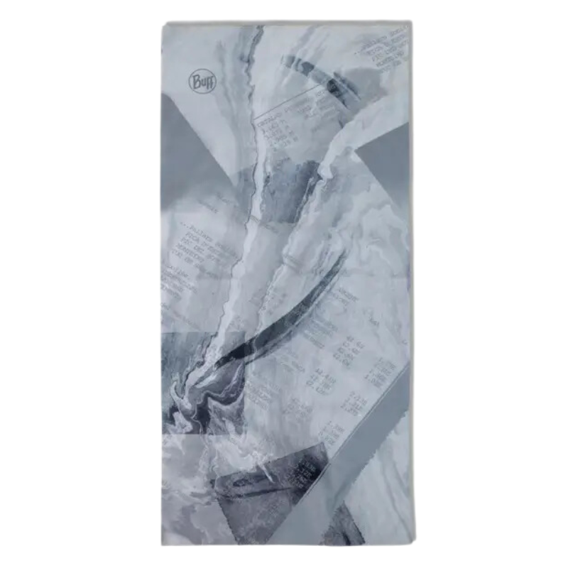 La bandana Buff Original EcoStretch Grafft 2.0 Multi (copia) es una bandana multifuncional rectangular con un patrón abstracto monocromático de líneas arremolinadas y formas geométricas en tonos grises, que presenta un sutil logotipo "Buff" en la esquina.