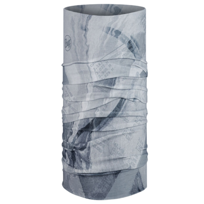 La bandana Buff Original EcoStretch Grafft 2.0 Multi (copia) es una polaina de cuello gris con un patrón de mármol y un texto sutil que ofrece la versatilidad de una bandana. Está hecha de tela EcoStretch y tiene pliegues para ofrecer una flexibilidad similar al diseño Buff Original.
