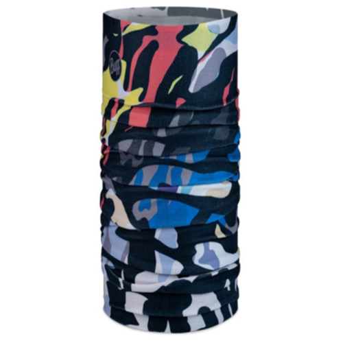 Bandana Buff ThermoNet Multi es una polaina para el cuello de peso medio con formas abstractas coloridas en azul noche jaspeado, rojo, amarillo y blanco. Es versátil e ideal para actividades al aire libre.