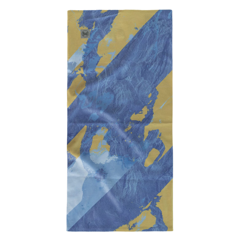 Una bufanda rectangular que presenta un diseño abstracto artístico y dinámico con salpicaduras azules y amarillas y rayas diagonales, que se asemeja al estilo vibrante de un Bandana Buff ThermoNet Surib Multi y al mismo tiempo resalta el espíritu ecológico de los materiales originales EcoStretch.